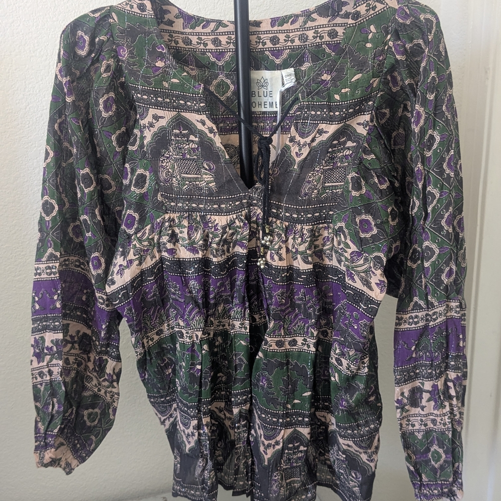 Blue Boheme Boho Peasant Top One Size NWT Green Purple Flowy Festival Blouse